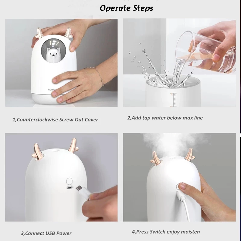 Cool Mist Humidifier with Adjustable Mode 300ml Water Tank LED Lamp Waterless Auto Shut-Off for Bedroom Home Office |