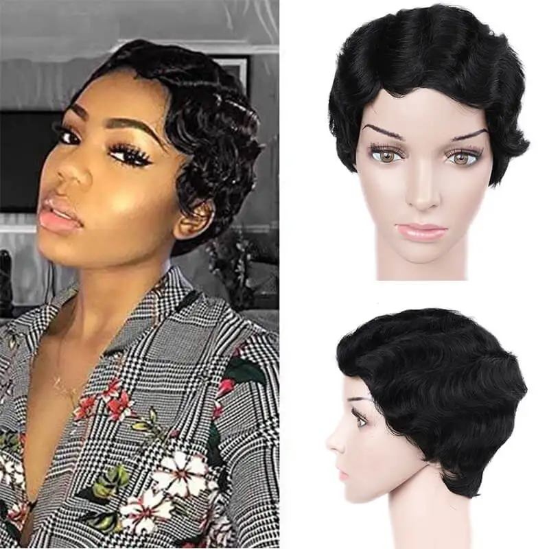 Natural Black FAVE Pixie Cut парик короткие парики из человеческих волос бразильский Реми прямой парик натуральный черный с челкой зрелых и способный прическа парик - Цвет волос: Natural Black