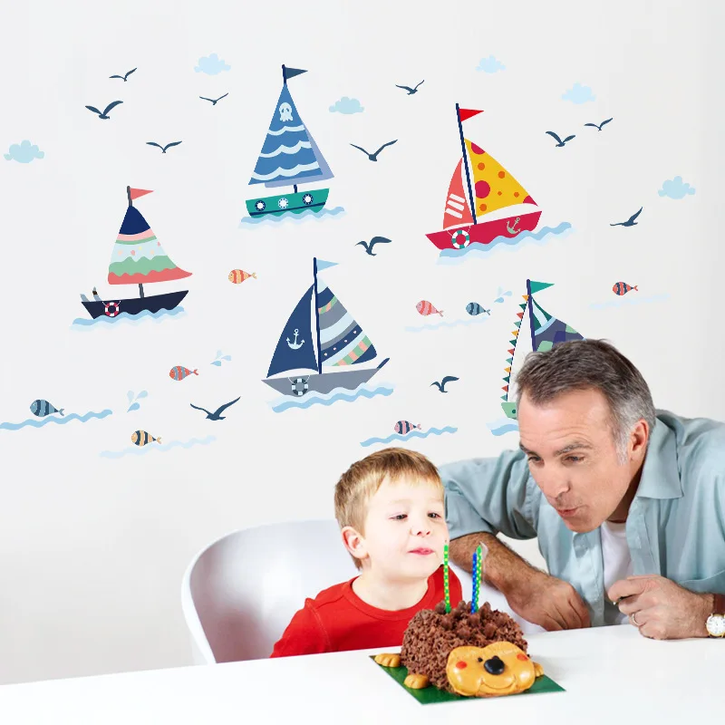 Мультфильм парусник настенные наклейки для ванной комнаты морские чайки