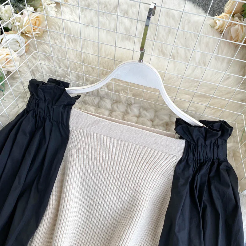 Осень 2020 Новый женский дизайн с рукавами-пузырями сшитые Короткие ретро вязаные