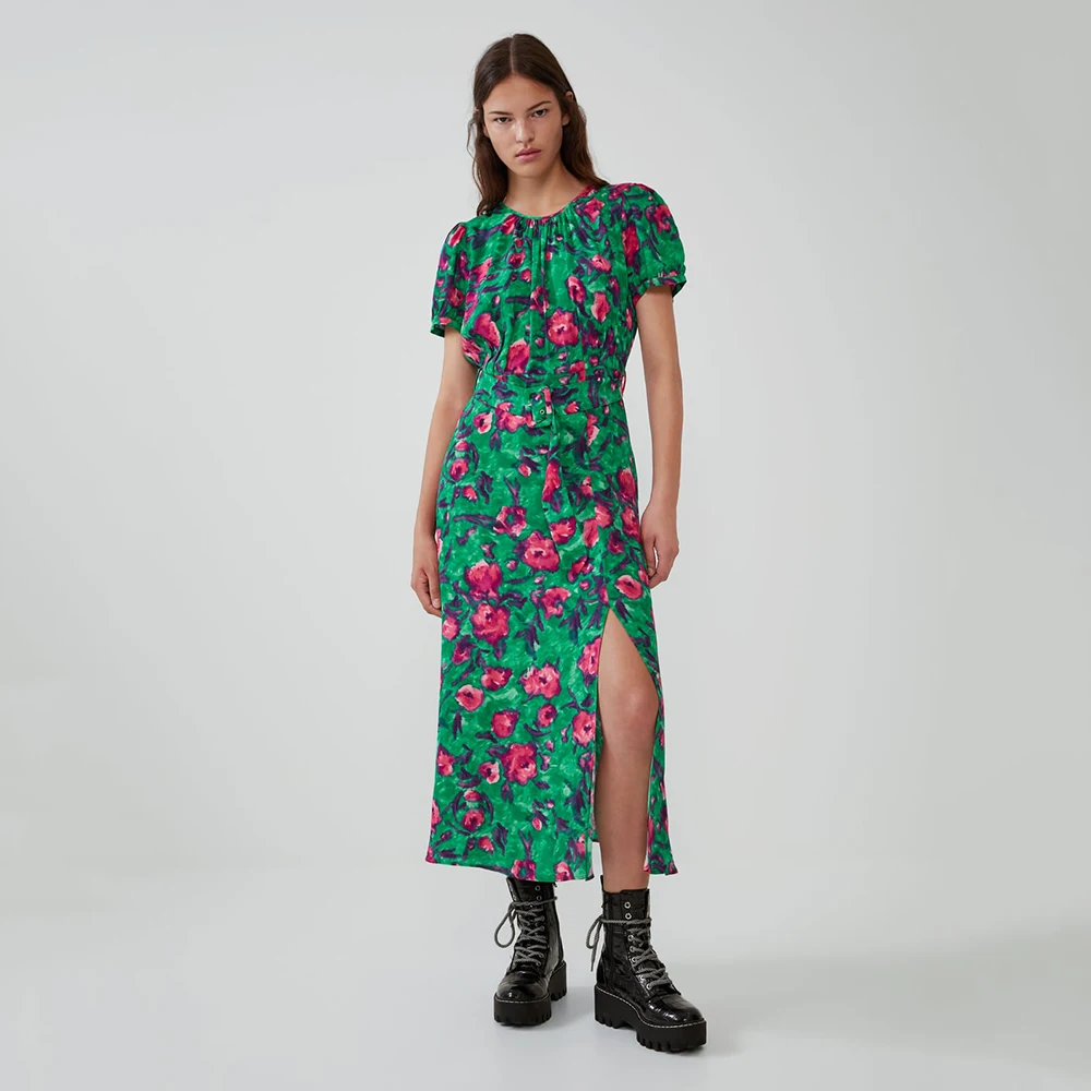 2019 ZA женское платье с принтом круглым воротником и разрезом сбоку коротким