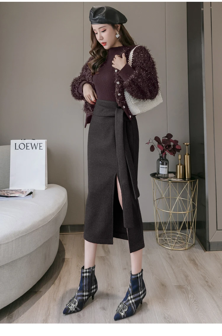 P Ammy приталенная шерстяная юбка карандаш с разрезом Осень зима 2019 Женская Плотная