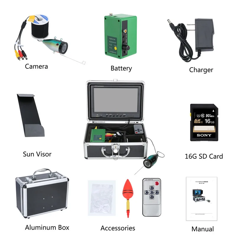 

9" HD 1080P Recording Fish Finder Underwater Fishing Camera 15pcs White LEDs+15pcs IR LEDs HD Fishing Camera with 16G Card