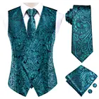 Hi-Tie Teal зеленые с пейсли цветочные шелковые мужские тонкие жилетки галстук набор для костюма платье свадьба 4 шт жилет галстук Hanky запонки набор