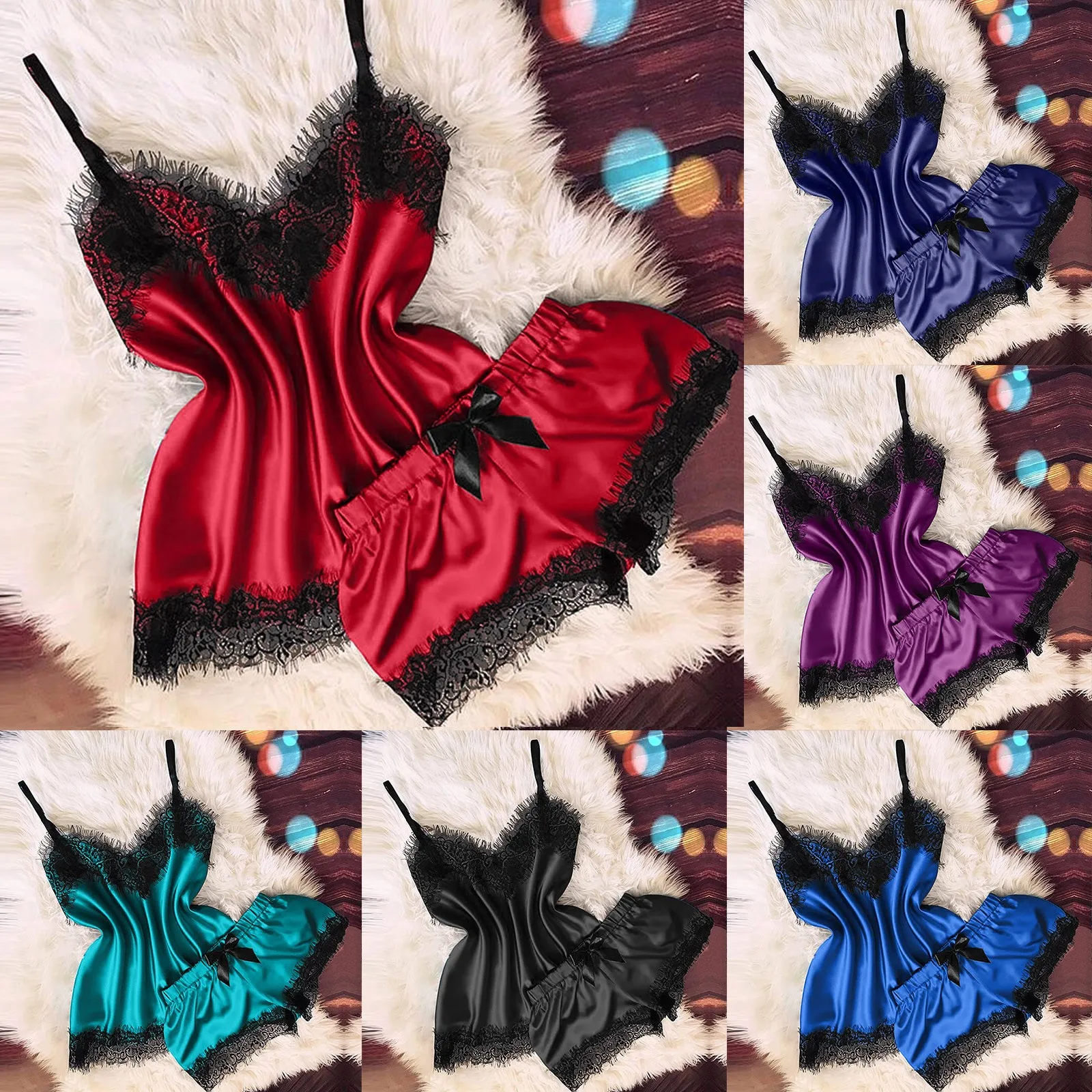 Pyjamas Women Velvet Bow Sleepwear Sleeveless Strap Women V-neck Eyelash Lace Sexy Stain Camisole Pajamas Bowknot Shorts Set