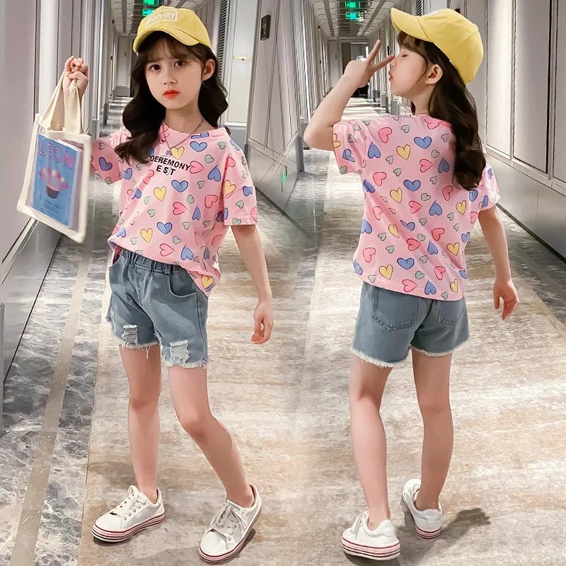 

Love Cute Printed T-shirt+Ripped Short Jeans 2Pcs Girls Clothing Sets For Girls Suits 2020 Summer Children Kawaii Pure Sets
