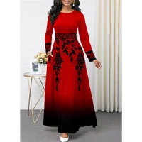 spring and autumn new round neck high waist gradient large size stitching large swing dress long floor mop skirt