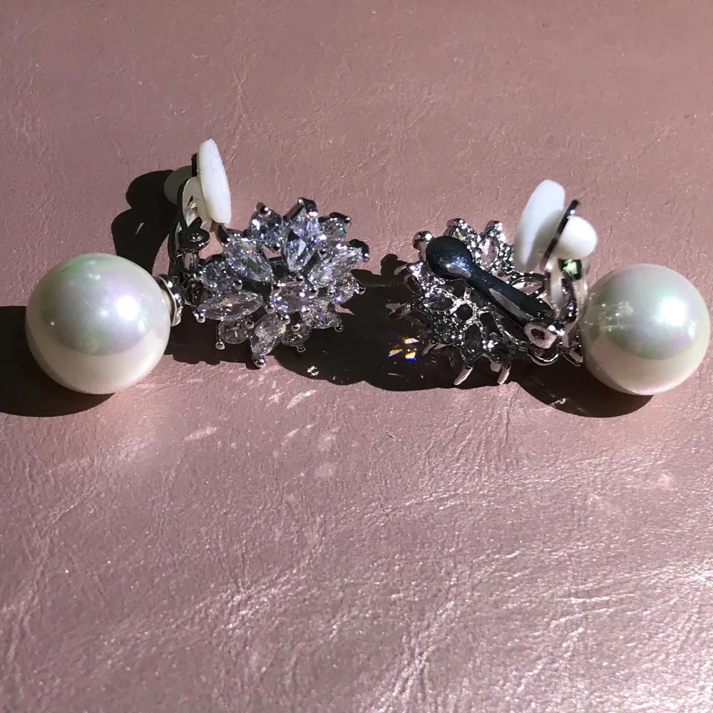 ZHURONG flower Pearl shell AAA Cubic Zirconia clip on earrings for women without piercing design no hole ear jewelry | Украшения и