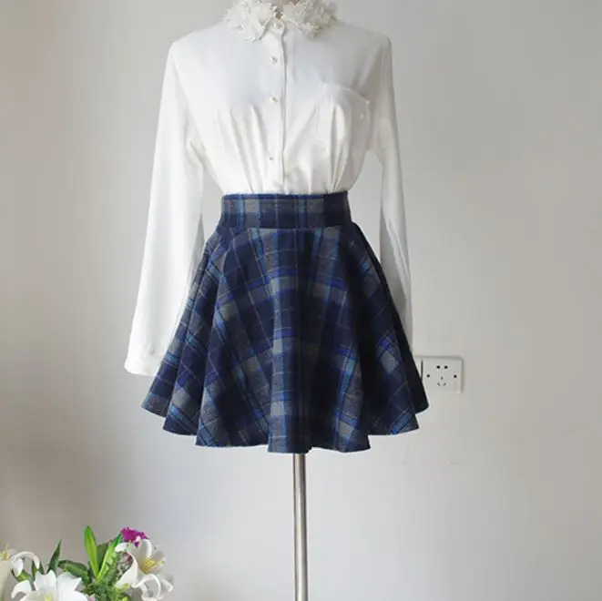 blue plaid skirt ln Хлопковая юбка выше колена в шотландском стиле, Зимняя юбка в тонкую клетку с завышенной талией, короткая мини-юбка для школьниц - Цвет: blue plaid skirt ln