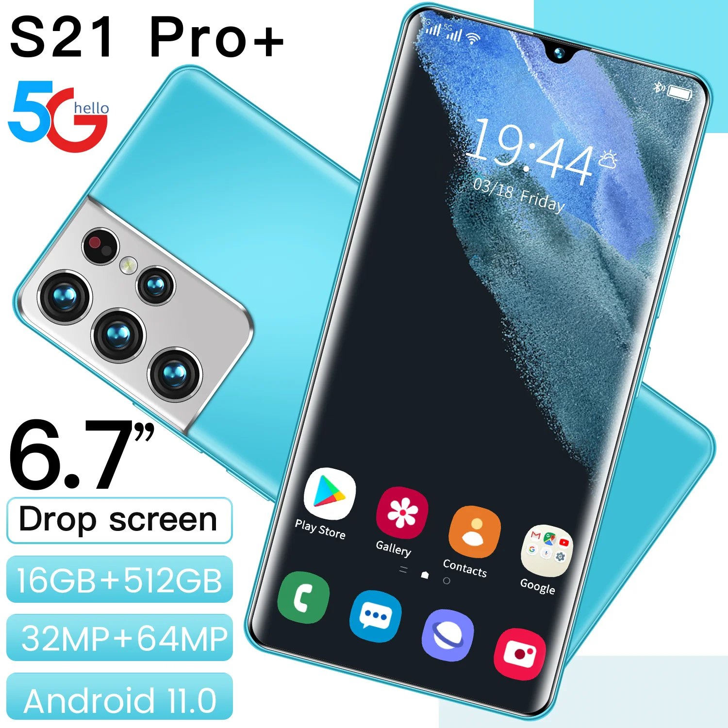 

Global Version S21 Pro+ 6.7Inch Smartphone Full Screen 6000mAh Android11 16+512GB 32+64MP HD Camera GPS Unlocked 5G Cellphone