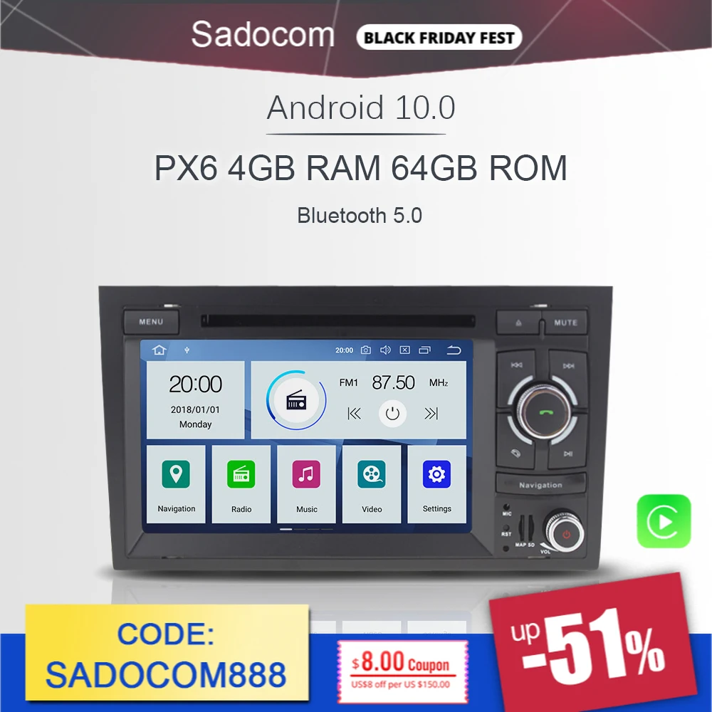 Автомобильный DVD плеер PX6 2 din Android 10 0 6 ядер 64 Гб ПЗУ 4 ОЗУ Авторадио для AUDI A4 (2002 2007)