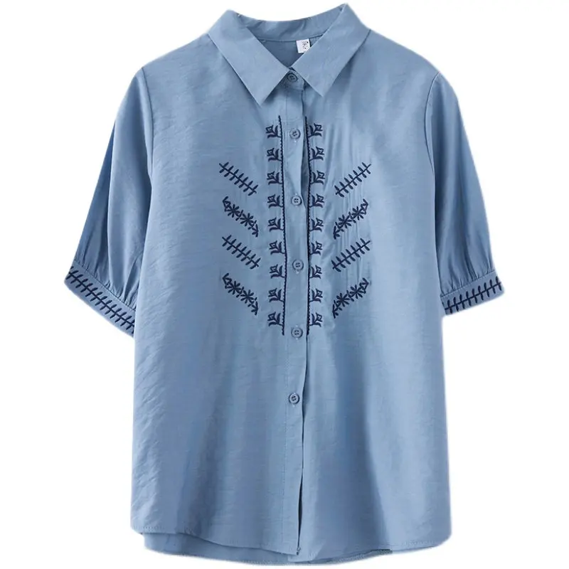 

2021 Summer Shirts Women Vintage Button Short Sleeve Cotton Linen Embroidery Shirts Tops Female Casual Loose Ladies Blouses