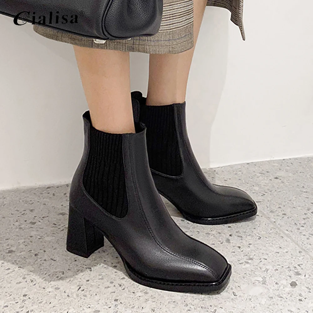 

CIALISA Shoes New Design Genuine Leather Autumn Winter Fashion Elastic Patchwork High Heels Boot Square Toe Women Ankle Boots