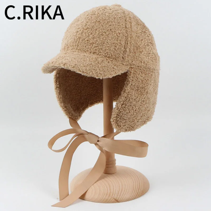 Осенне зимняя женская плотная Теплая Бархатная шапка бомбер из овечьей шерсти