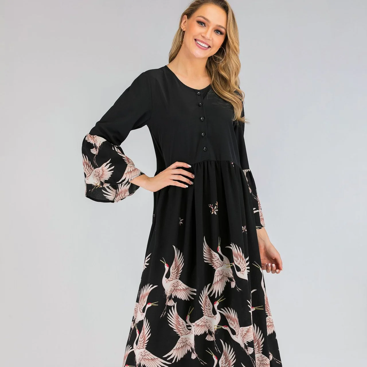 Женское платье средней длины, с принтом, на Ближнем Востоке, в дубайском стиле, с длинными рукавами, свободное, повседневное, большого размер...