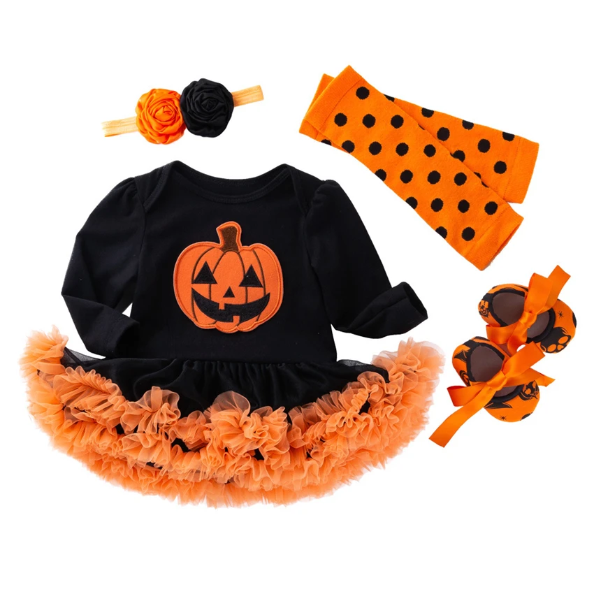 

4PCs Sets Halloween Costumes for Kids Pumpkin Cosplay Cotton Baby Long-Sleeved Cotton Dress Elf Christmas Gifts Rompers Holiday