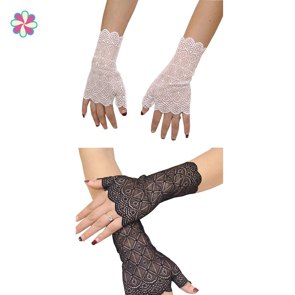 

Fingerless Black Lace Gloves Short White Soft Gloves Party Gloves For Bride W118