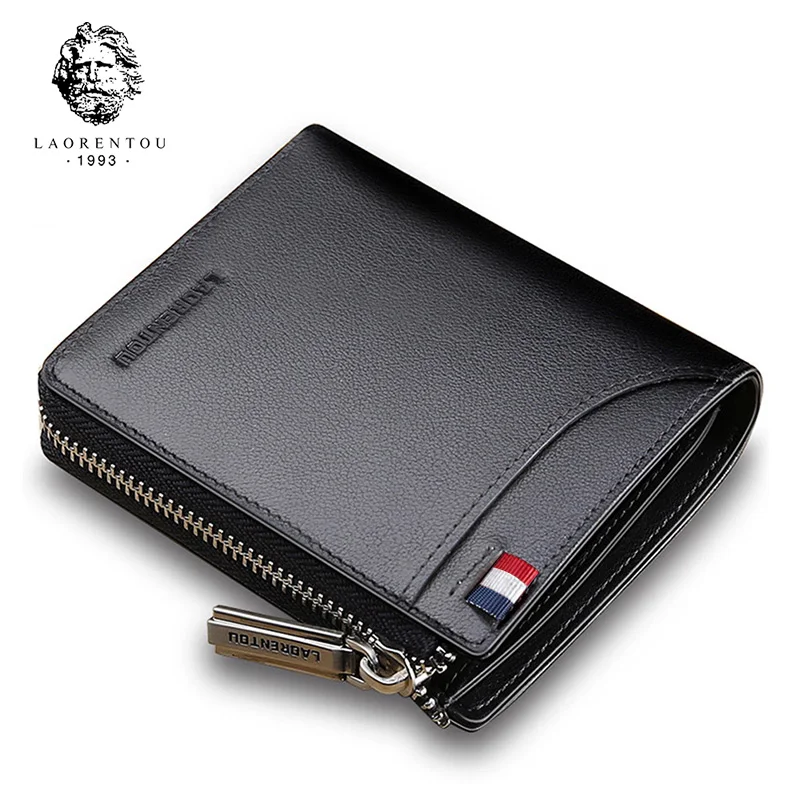 

LAORENTOU Men Wallet Genuine Leather Card Holder Man Luxury Short Wallet Purse Zipper Wallets Casual Standard Wallets for Male