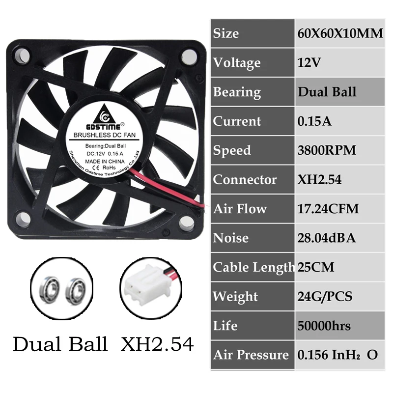 0.15A6010B12V2P2.54 2 шт. Gdstime 2Pin DC 5 в 12 В 24 в 24 вольт 6 см 60x60x10 мм 60 мм двойной шариковый подшипник Бесщеточный вентилятор охлаждения 60 мм x 10 мм кулер - Цвет лезвия: 0.15A6010B12V2P2.54