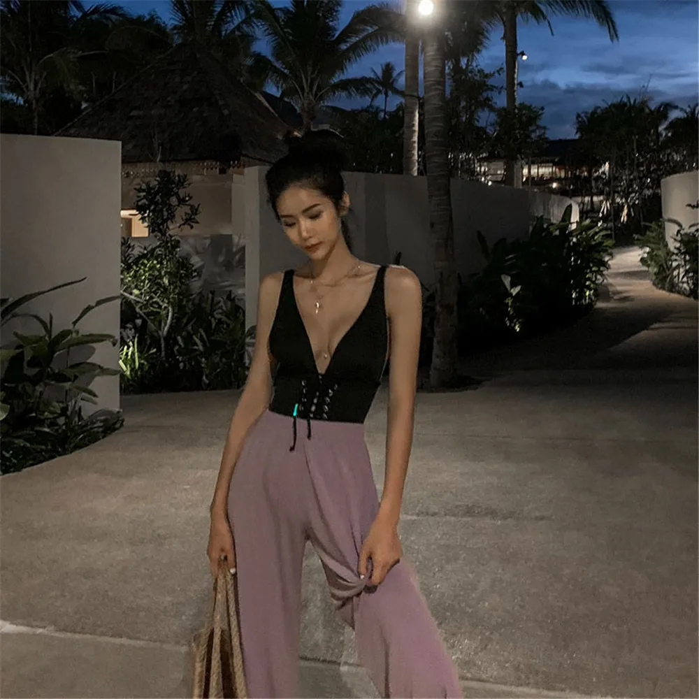 Сексуальный цельный купальник с высоким вырезом Женская однотонная одежда для