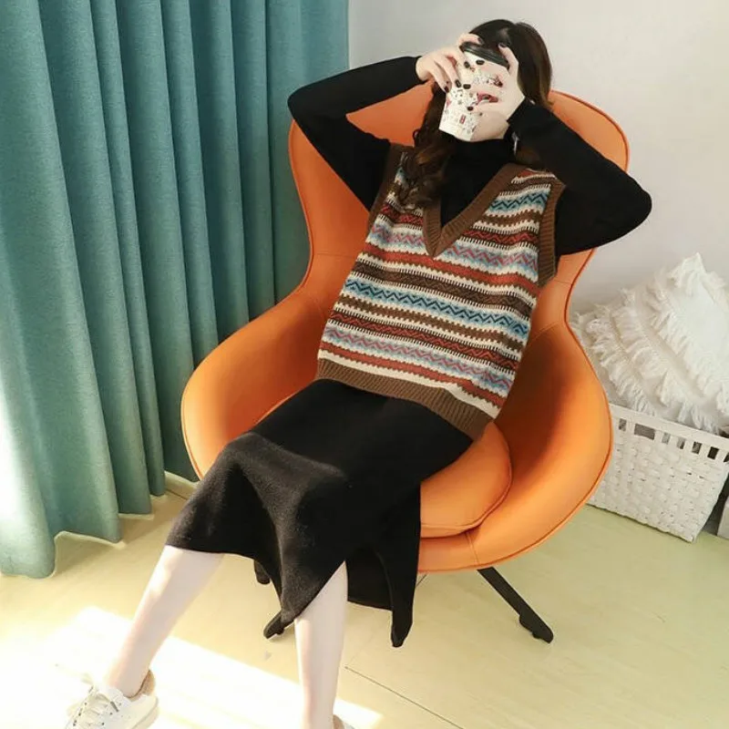 

Sweater Vest Women Vintage Striped Elastic V-Neck Sleeveless Sweaters Vests Womens Pullover Korean Style Loose Casual Stylish