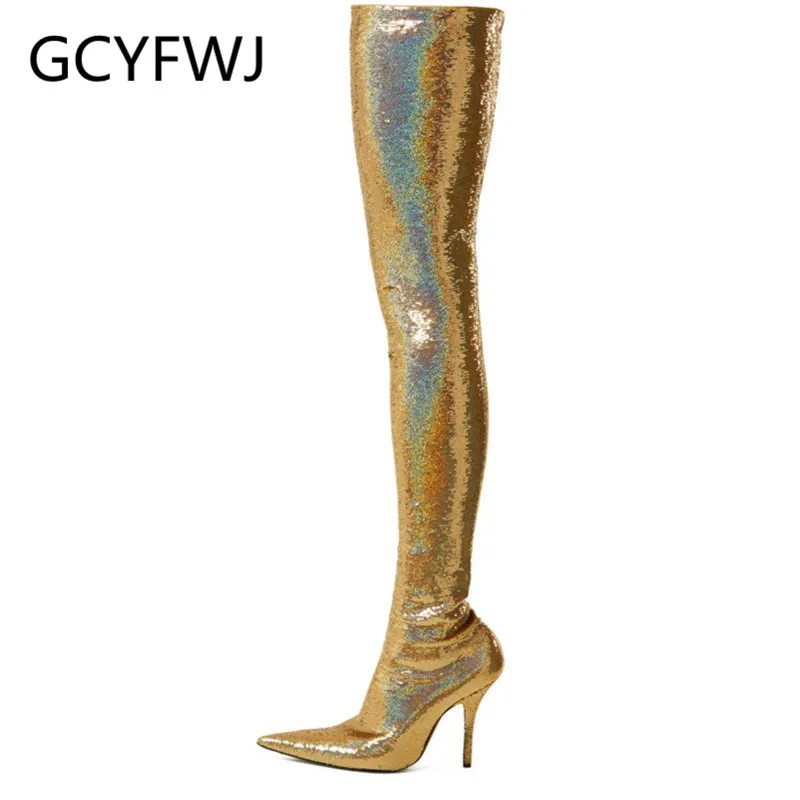 GCYFWJ/золотистые блестящие эластичные носки с блестками высокие сапоги женские