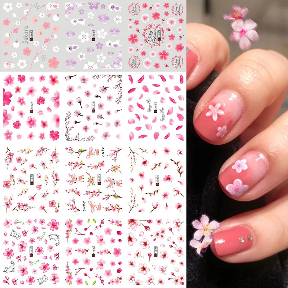 

12pcs Spring and Summer Nail Stickers Small Fresh Watercolor Flowers Small Daisy Plum Watermark Stickers