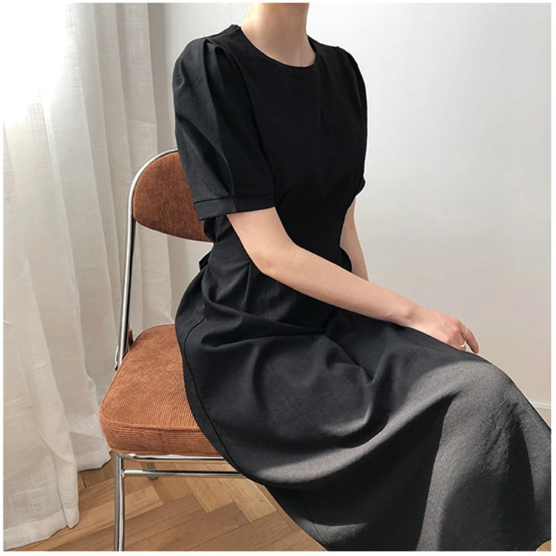 

French Vintage Elegant Belt Slim Solid Women Dresses O-neck Puff Sleeve Femme Robe 2021 Summer Chic Temperament Vestido De Mujer