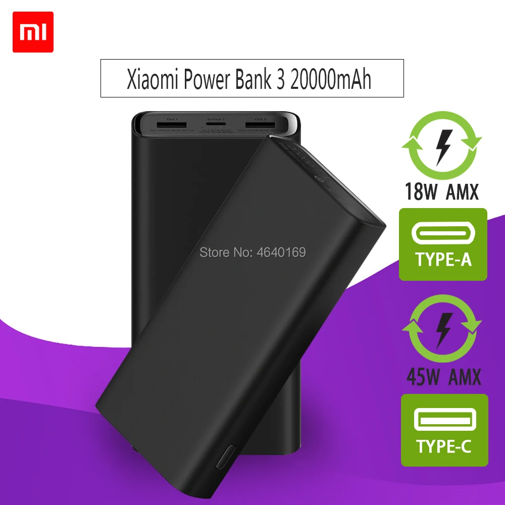 2 шт. Xiaomi power Bank 3 20000 мАч USB-C 45 Вт Двусторонняя Быстрая зарядка type-C Dual USB power bank портативное зарядное устройство для ноутбука Смартфон