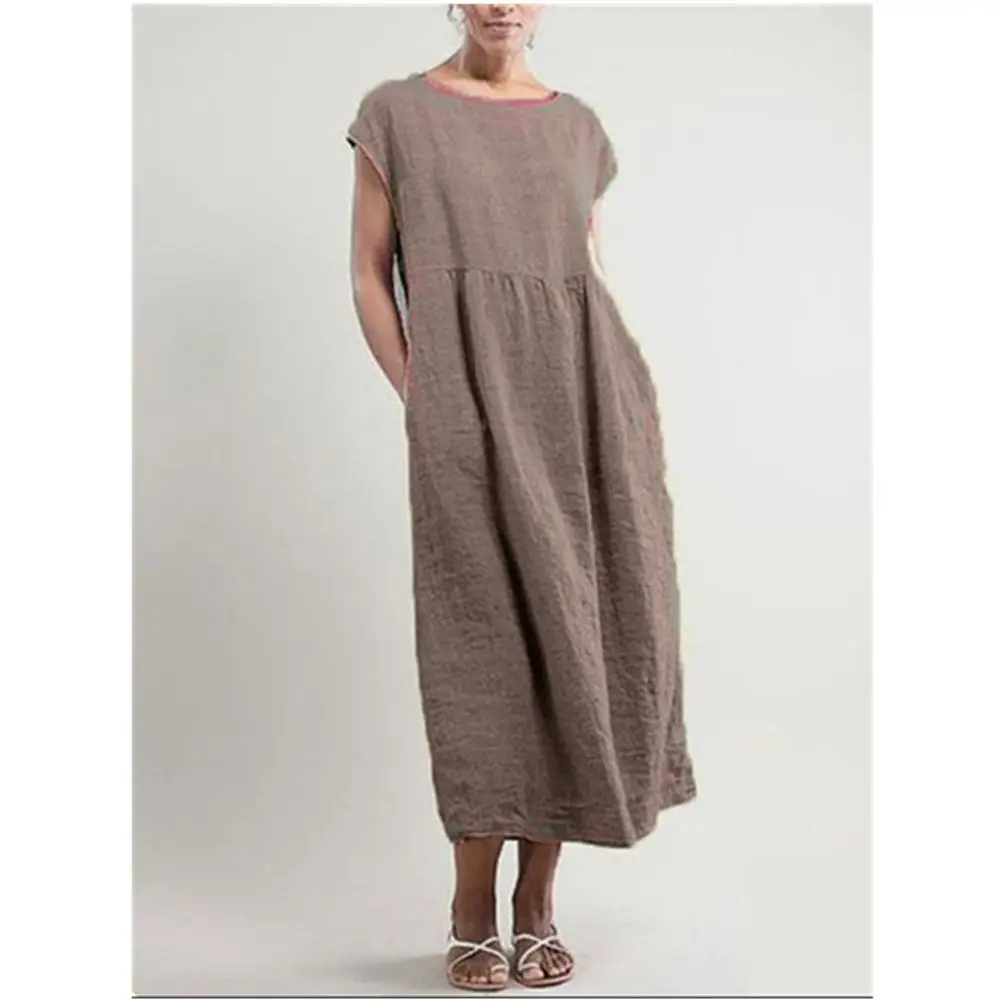 

UK Womens Summer Cotton Linen Long Dress Ladies Casual Pocket Midi Dresses Plus Size