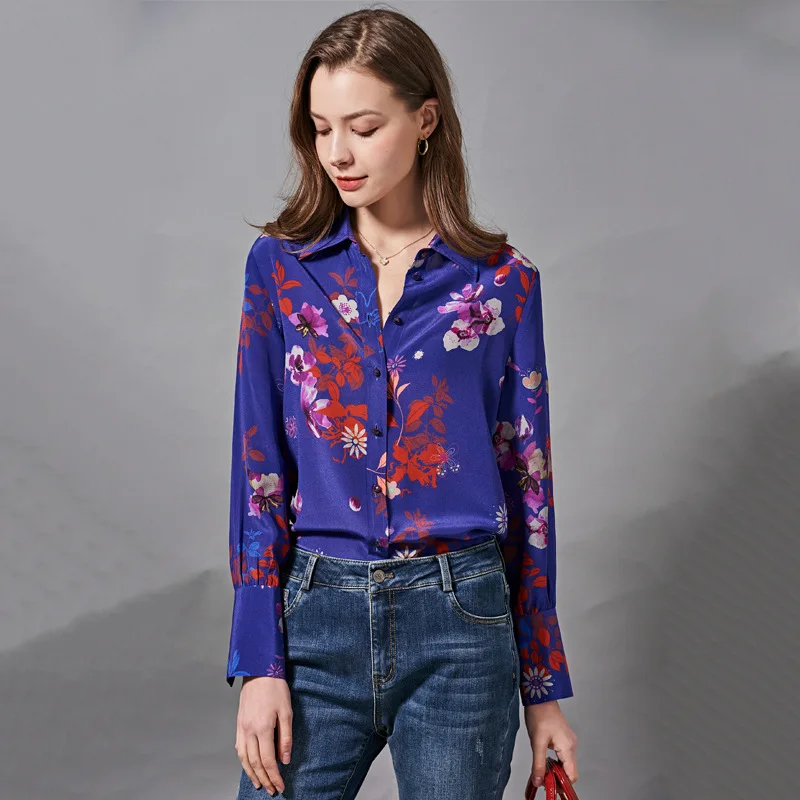 Women's Blouses and Tops Silk blue Floral Printed Office Formal Casual Shirts Plus Large Size Spring Summer Sexy Haut Femme