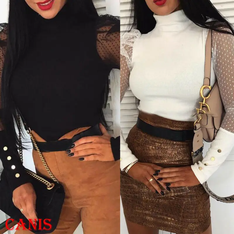 

Women Mesh Puff Long Sheer Sleeve Tops Pullover Blouse Shirts Casual Party Club