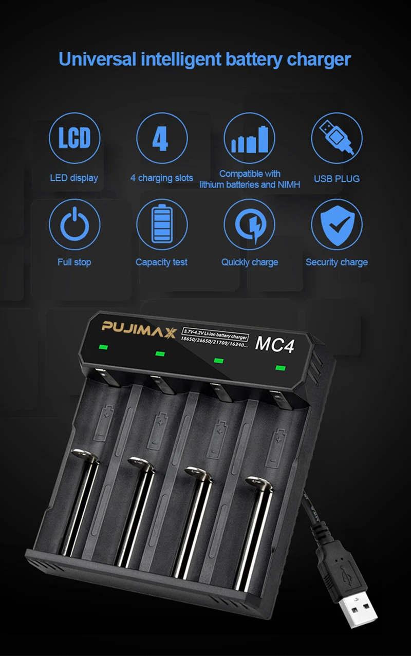 PHOMAX 4 слота 18650 MC4 светодиодный умный дисплей для быстрой зарядки аккумуляторов
