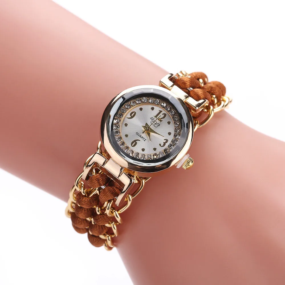 

1PCS Woman Rhinestone Bracelet Watch Handmade Knitting Rope Chain Winding Analog Quartz Movement Elastic Fashion Wrist Watch