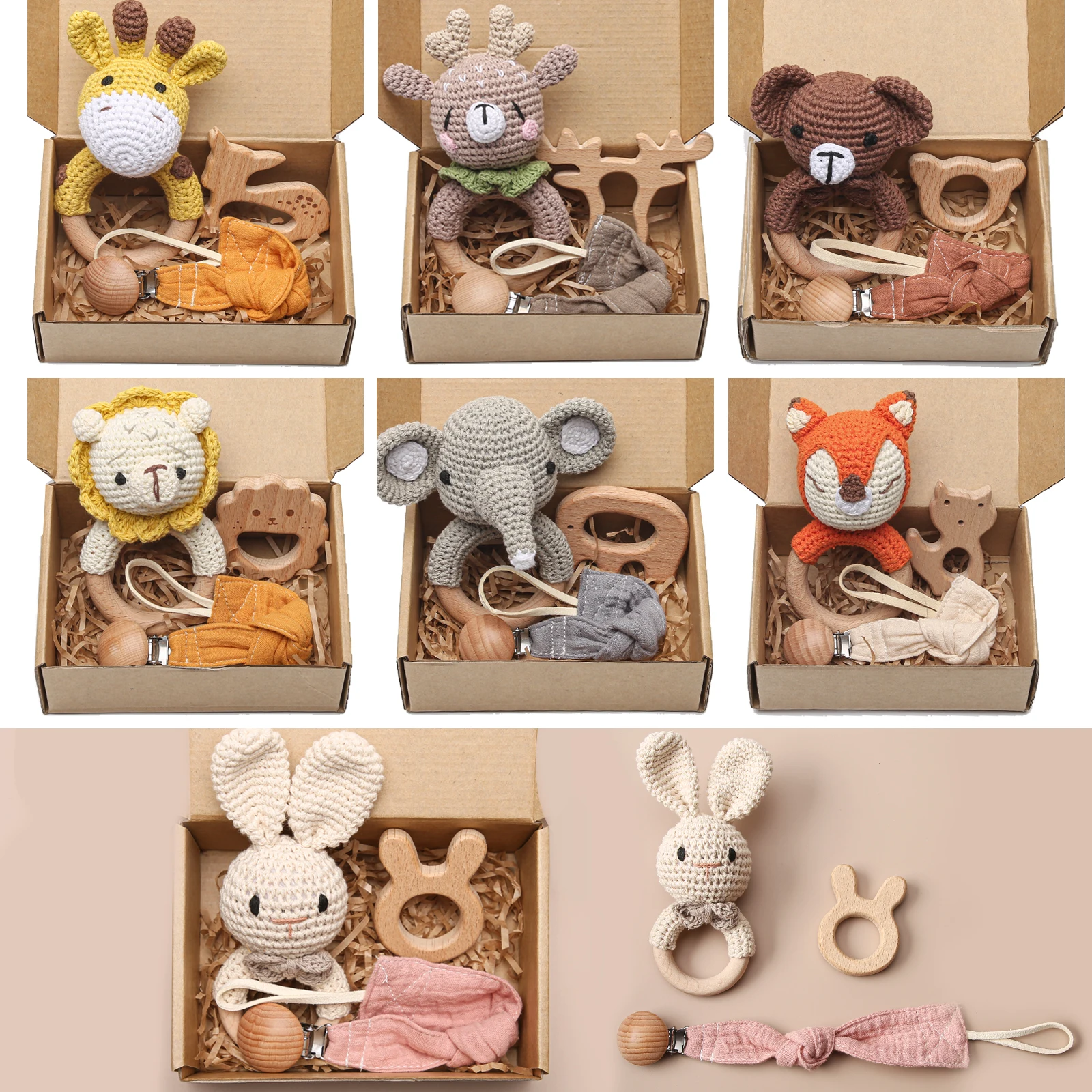 

3 Pc/set Baby Crochet Animals Baby Teether Rattle Safe Beech Wooden Teether Pacifier Clip Chain Set Newborn Nurse Accessories