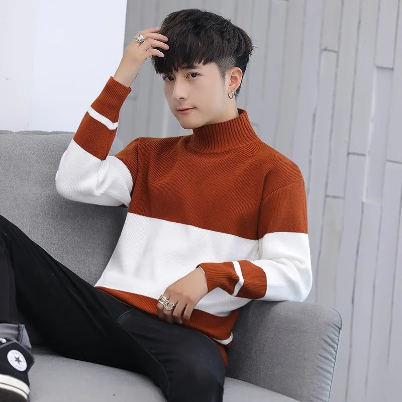 

2019 Half turtleneck pullover men sweater clothes for 2019 autumn winter mens sweater Men Casual Striped knit shirts