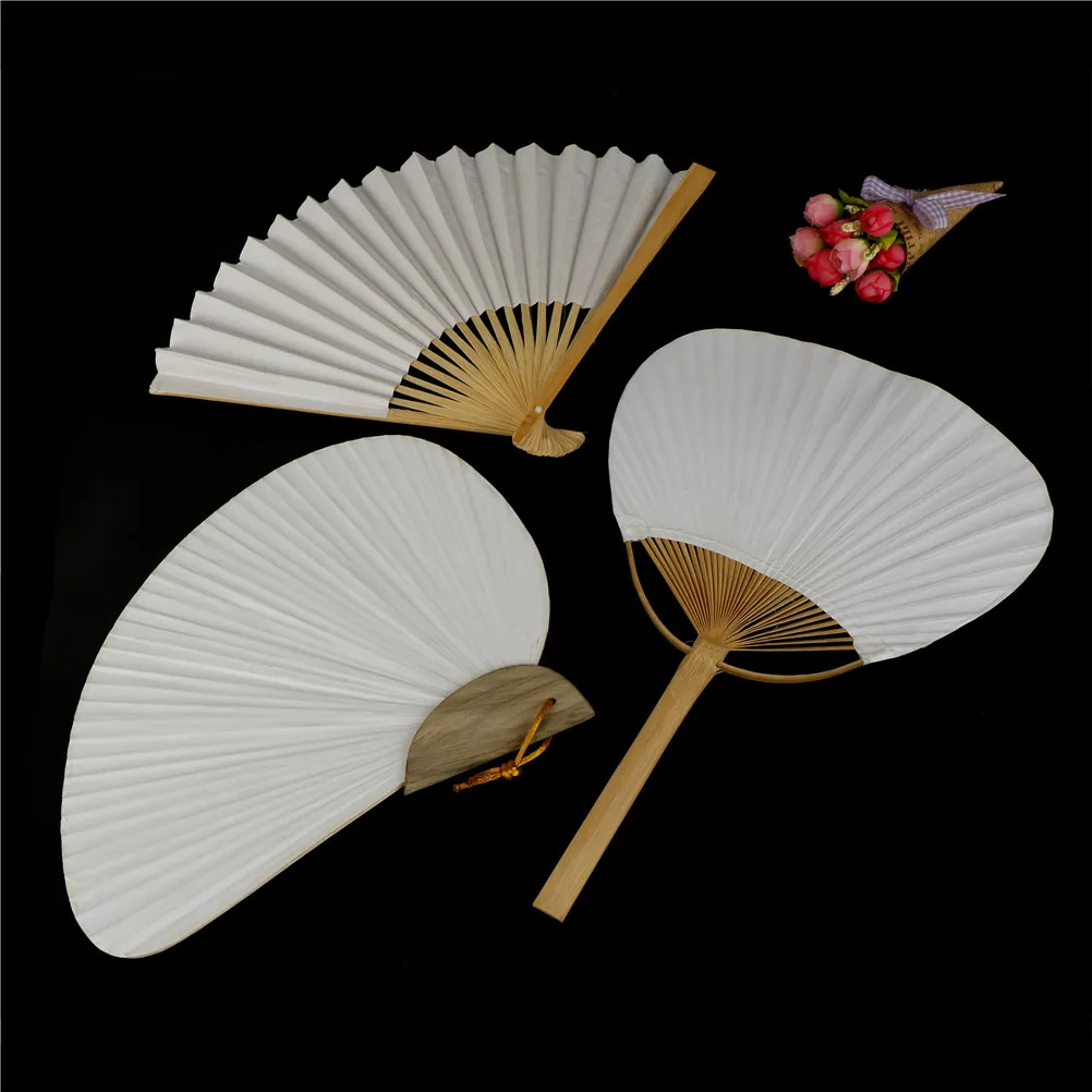 

1pc White Folding Elegant Paper Bamboo And Paper Hand Fan Wedding Party Favors 3 Sizes