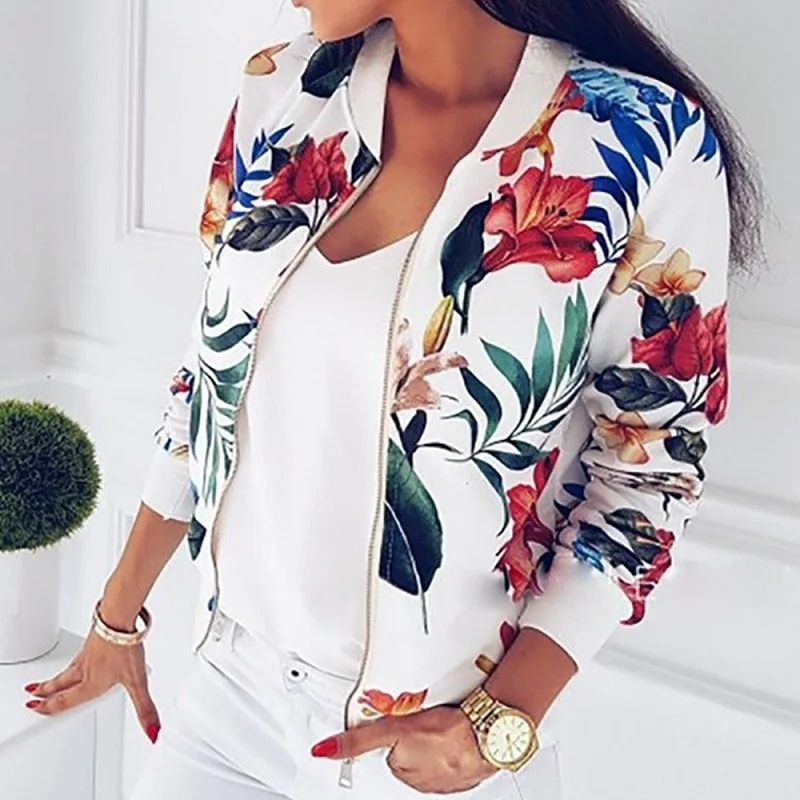 

Women Floral Jackets Spring Summer Long Sleeve Zipper Print Bomber Jacket Casual Pocket Slim Female Fashion Outwears Plus Size