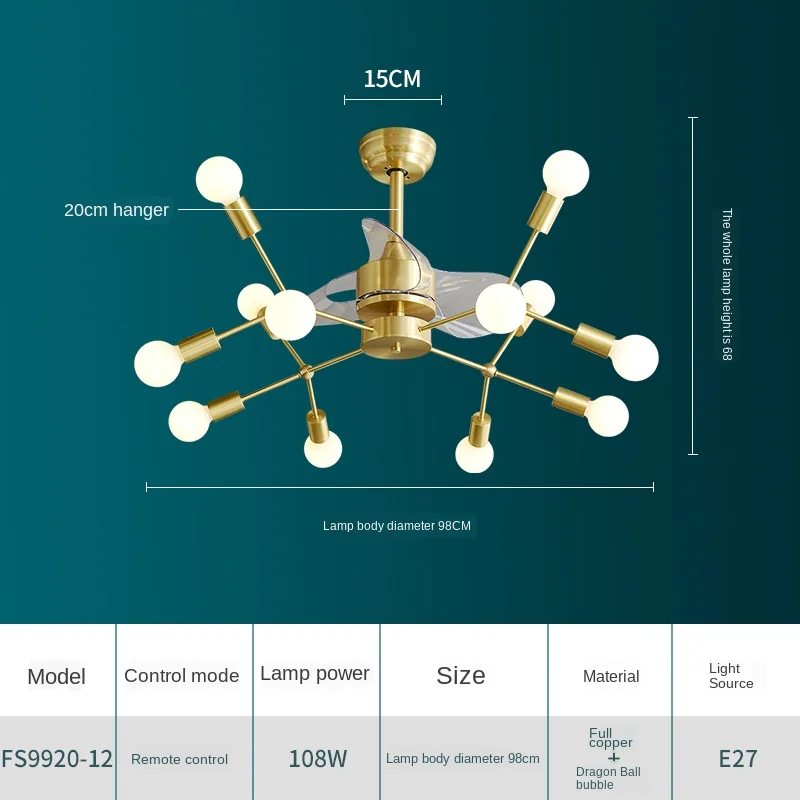 

Molecular light with Fan 42 inch lamps lamp remote control copper Invisible Simple home living room three color