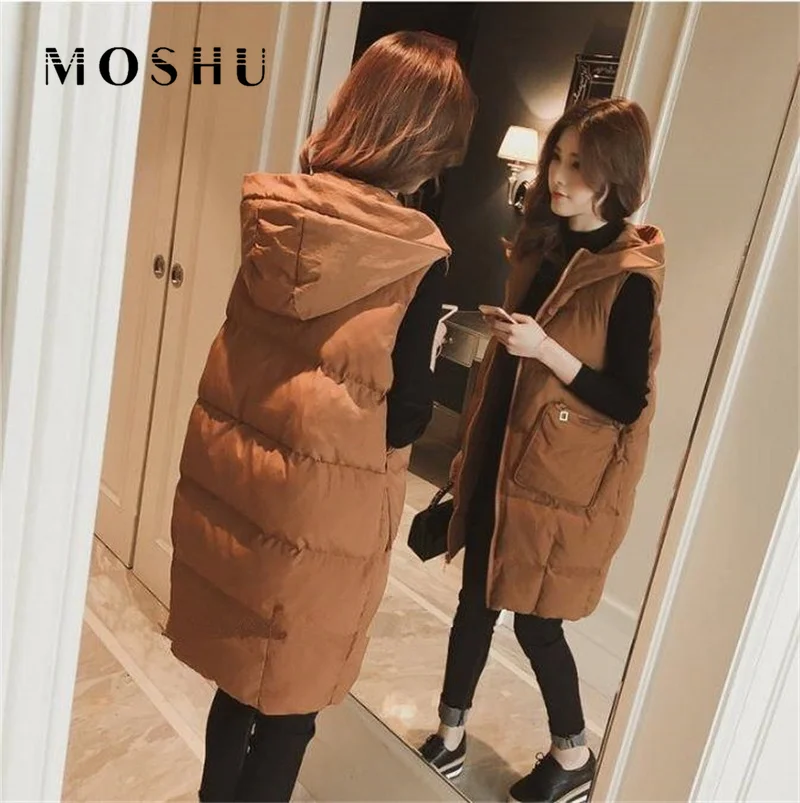 

Long Down Jacket Women Puffer Vest Sleeveless Hooded Winter Coat with Pocket Loose Women Bodywarmer chaleco mujer Black Gilets