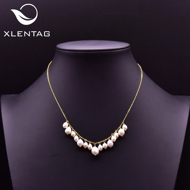 

XlentAg 925 Sterling Silver Natural Fresh Water Pearl Tassel Pendant Necklace For Women Wedding Party Fine Jewelry Kolye GN0098