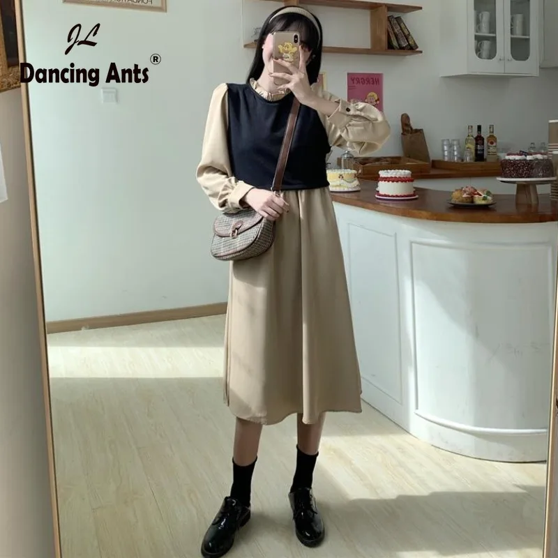 Женское лоскутное платье трапециевидной формы с длинным пышным рукавом и