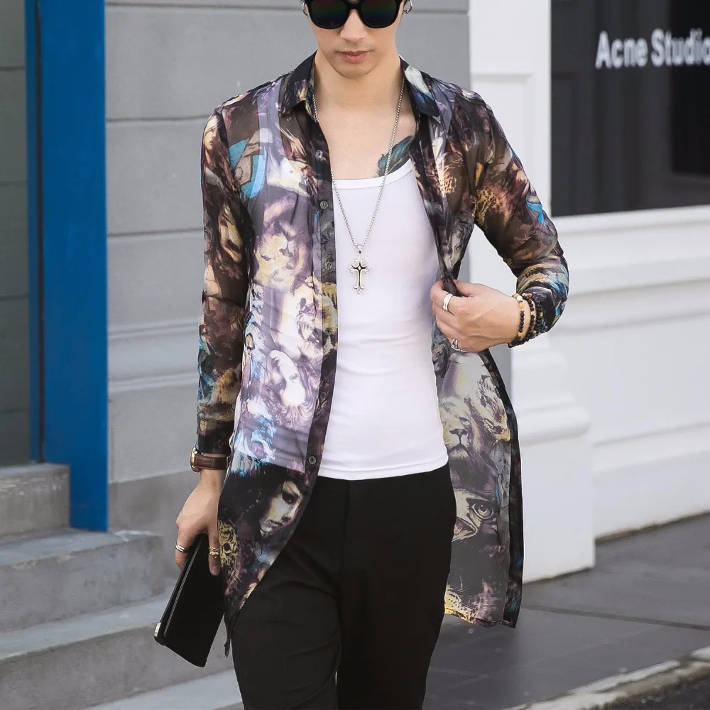 Новинка 2019 Мужская одежда стильная длинная рубашка с саржевым экраном и цифровой