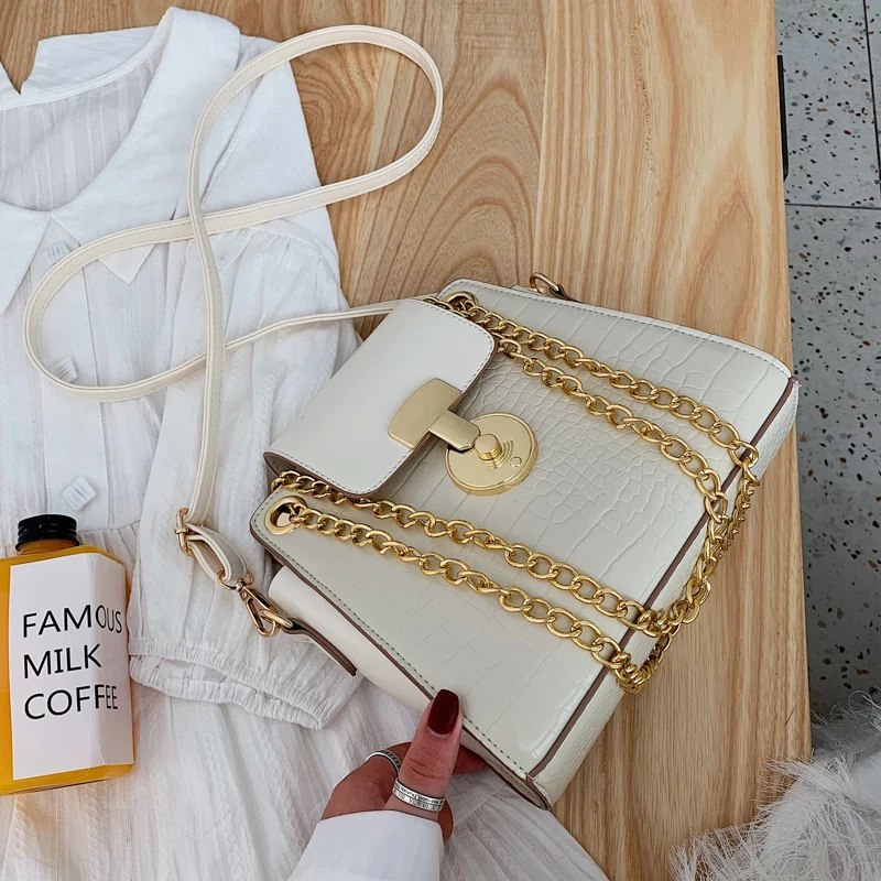 White Elegant Female Crocodile pattern Tote bag New High Quality PU Leather Women's Designer Handbag Chain Shoulder Messenger Bag - Цвет: White