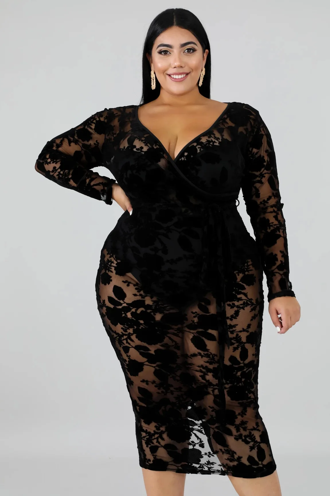 

Sexy Women Elegant Plus Size Party Dress See Through Club Wear Dresses V Necklong Sleeve Lace Dress Latest Design Black Dress