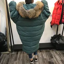 Летайте в Южную Корею! Dongdaemun, стиль, ультра большой меховой воротник, большой размер, X-long, выше колена, кокон, одеяло, пуховик, Женская куртка
