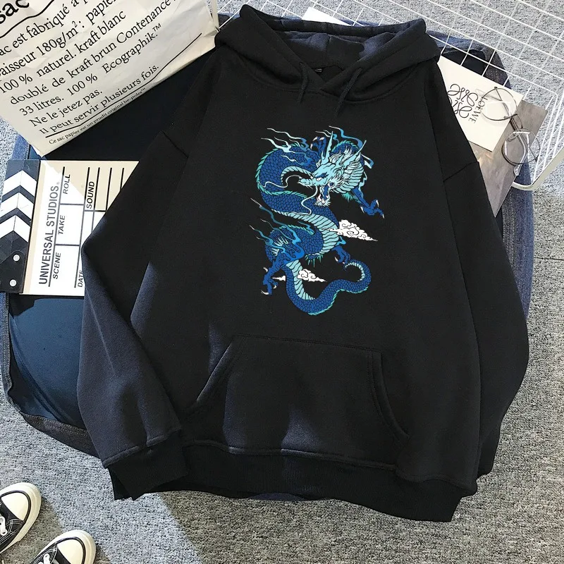 

Black Dragon Fire Print Hoodie Wnter Clothes Women Young Girl Harajuku Style Gothic Loose Warmth Sweatshirt Vintage For Teens