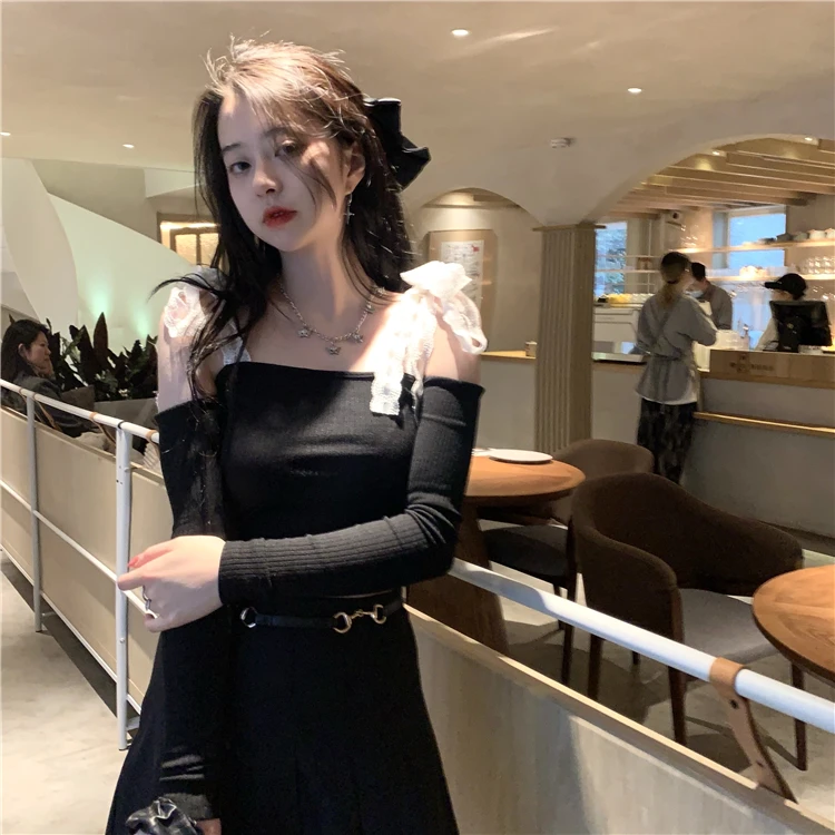 

New Korean Sexy Off Shoulder Knitted Tees Slim Bandage Long Sleeve Ladies Tops Solid Slash Neck T Shirt Women Clothing Spring