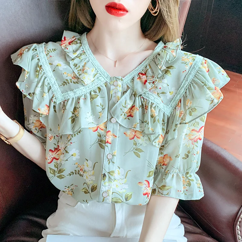 

Chiffon Shirt Women Short Sleeve Cardigan Single Breasted Lotus Leaf Sweet Flared Sleeves Style Tops Fashion Wild