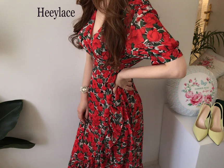 90s платье ретро с цветочным принтом женское французское v-образным вырезом и